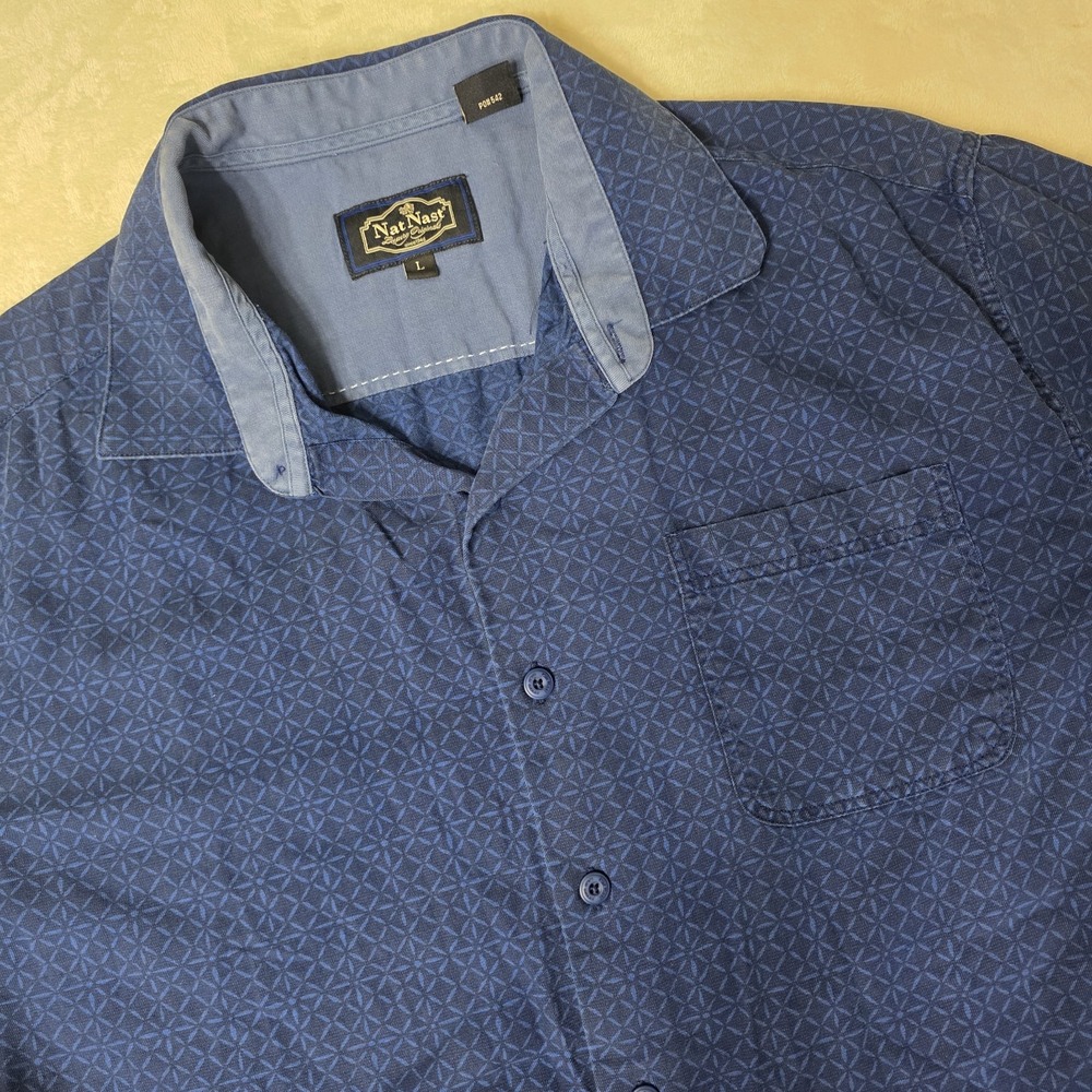 Nat Nash Luxury Originals Shirt Mens Large‎ Blue Geometric Silk Blend Button Up